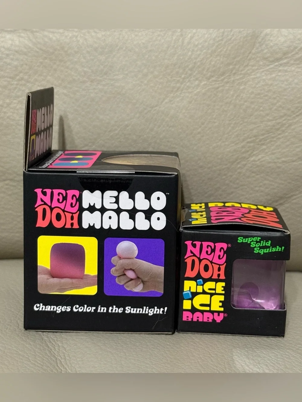 NEW NeeDoh YELLOW Mello Mallo Color Changing Squishy & Purple Nice Ice Baby Cube